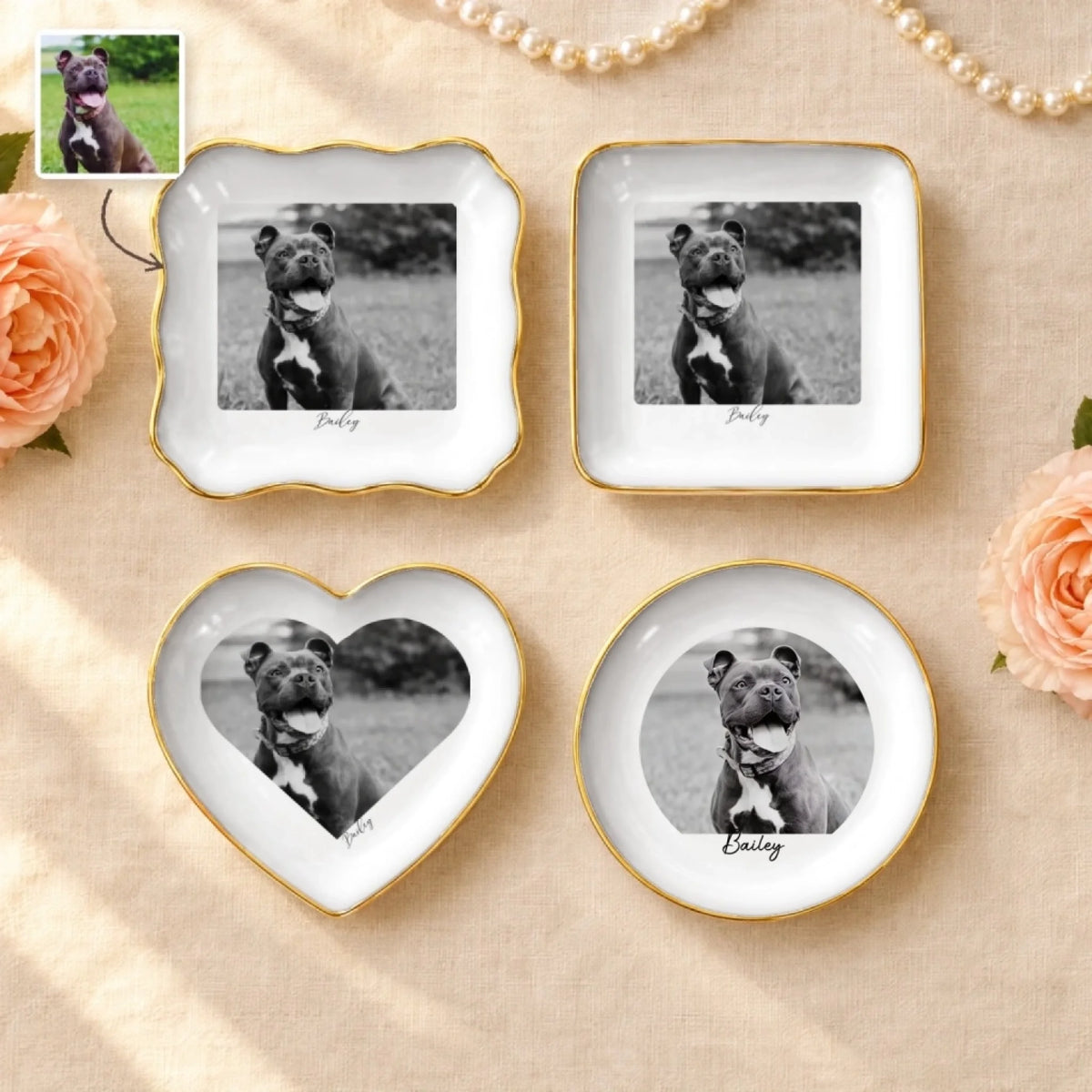 Personalized black and white pet photo ring dishes in round, square, wavy square and heart shapes