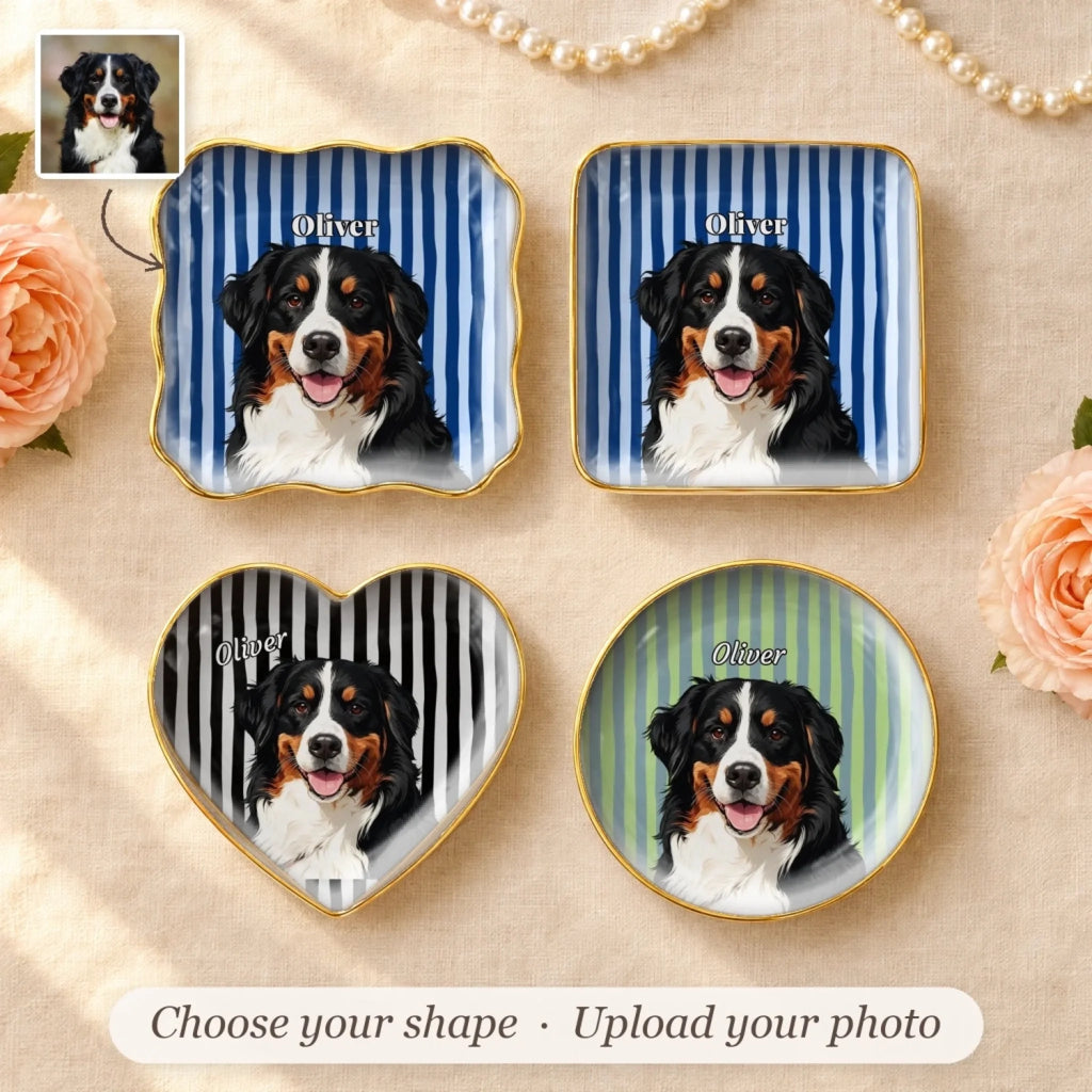 Personalized striped pet portrait ring dishes in round, square, wavy square and heart shapes