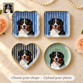 Personalized striped pet portrait ring dishes in round, square, wavy square and heart shapes