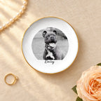 Personalized black and white pet photo on a round ceramic ring dish with gold rim