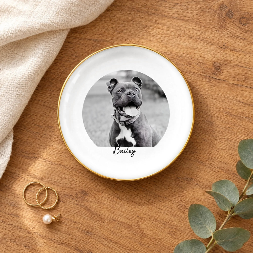 Black and white pet photo round ring dish on a wooden table with linen and eucalyptus
