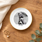 Black and white pet photo round ring dish on a wooden table with linen and eucalyptus