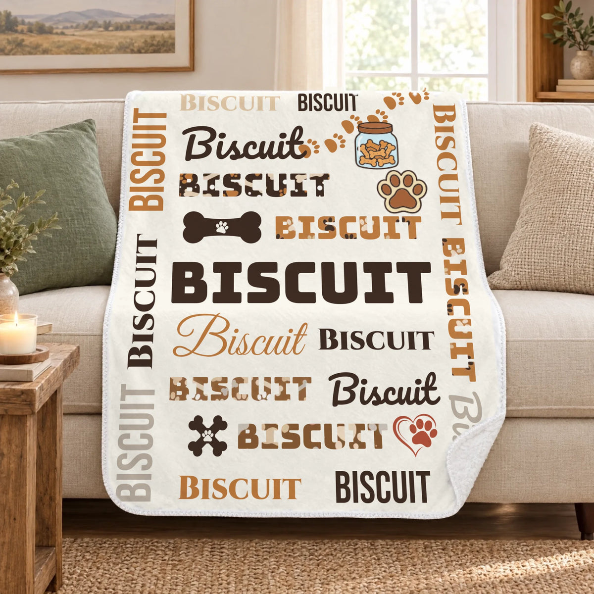 Personalized pet name sherpa blanket draped over a cream sofa in a cozy living room