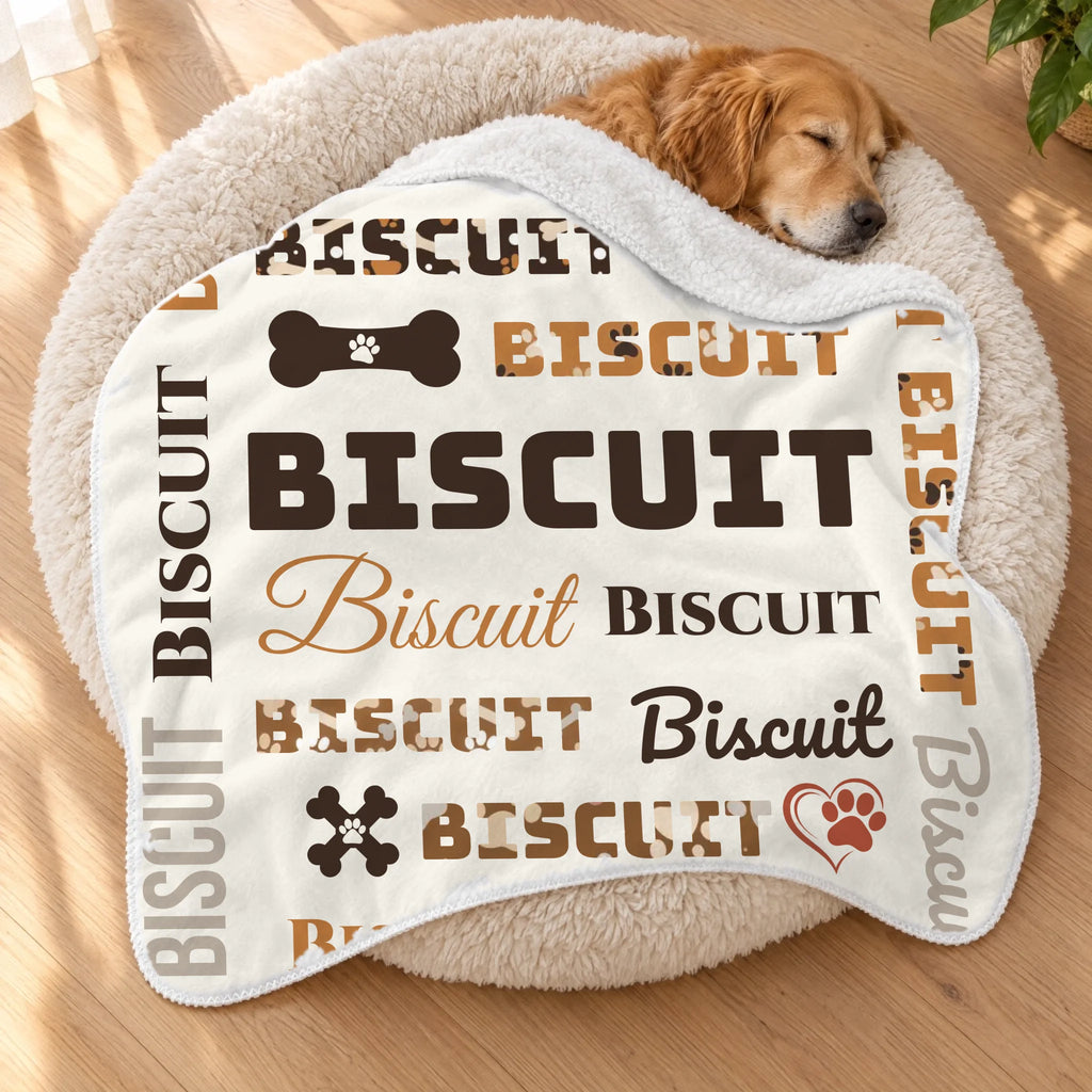 Golden retriever asleep in a fluffy dog bed under a personalized dog name sherpa blanket