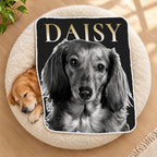 Golden retriever asleep in a fluffy dog bed beside a personalized black and white pet portrait sherpa blanket