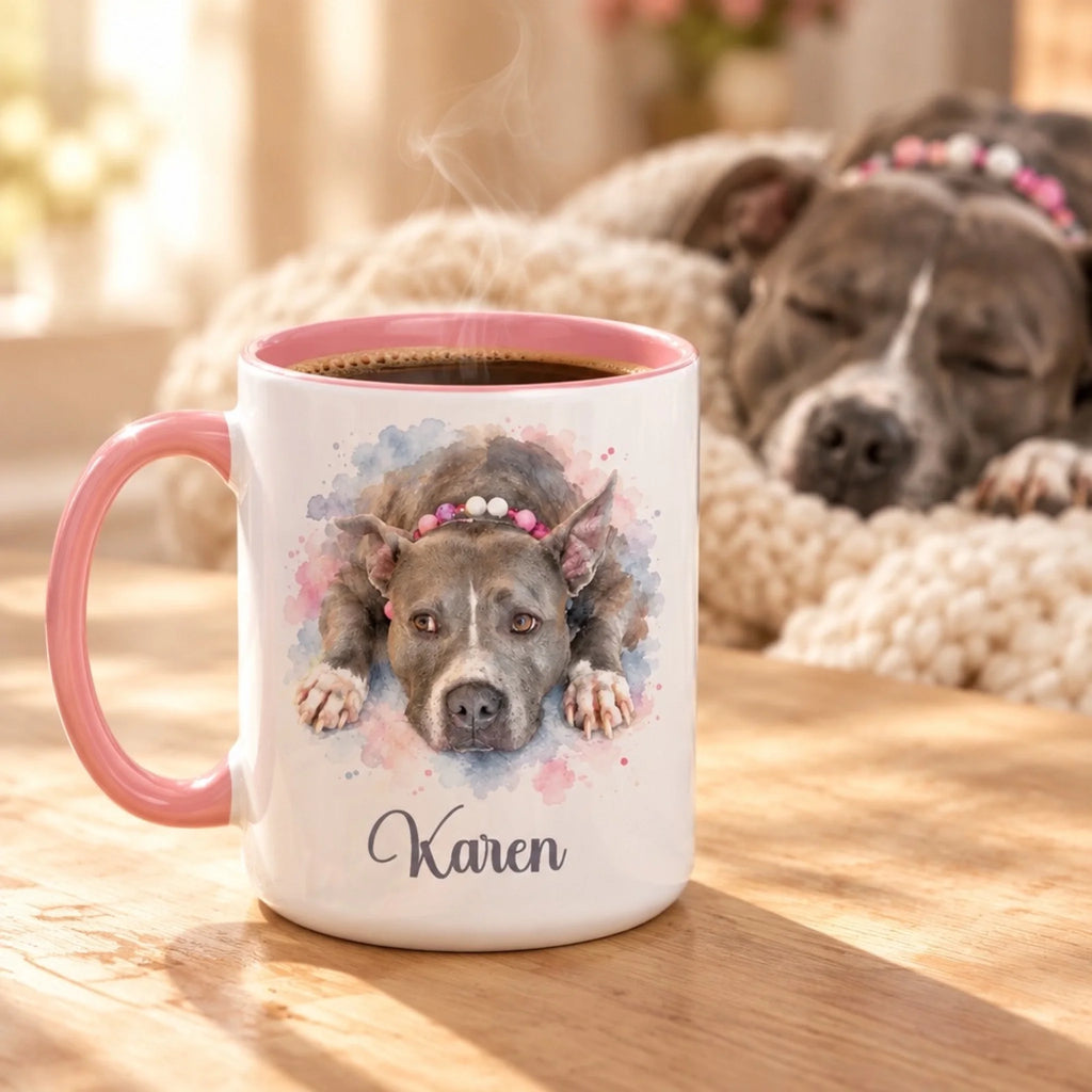 Watercolor dog portrait mug on a cozy kitchen table