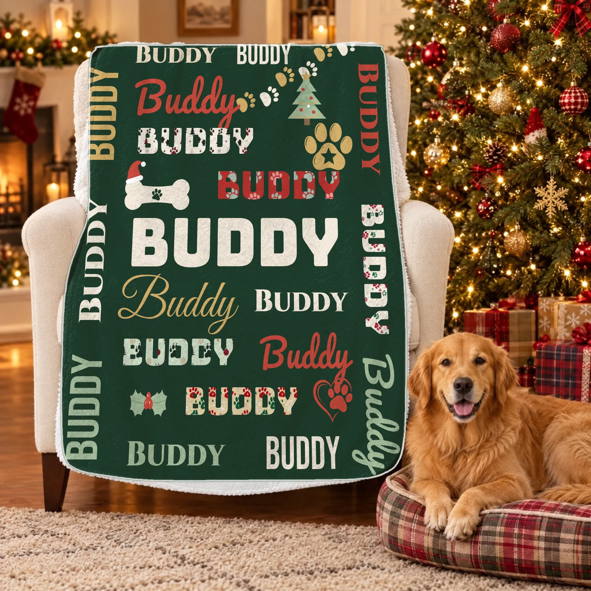 Personalized dog name Christmas sherpa blanket draped over an armchair by the Christmas tree, golden retriever on a plaid dog bed