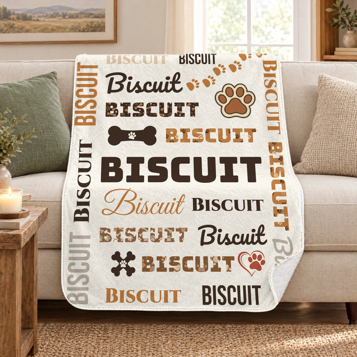 Personalized pet name sherpa blanket draped over a cream sofa in a cozy living room
