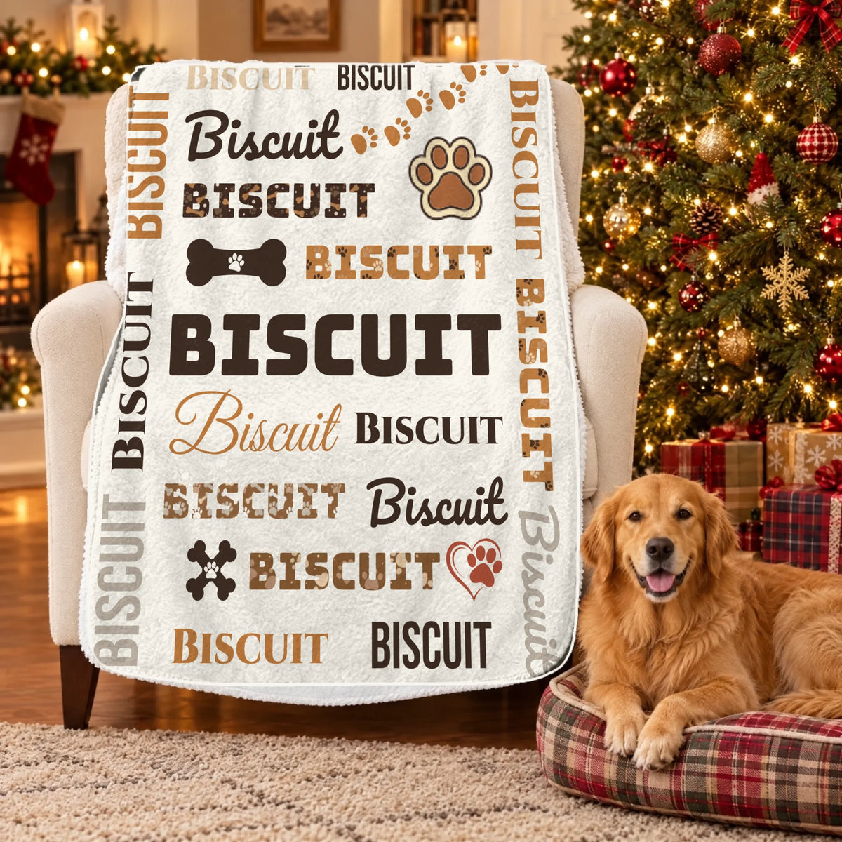 Personalized dog name sherpa blanket draped over an armchair by the Christmas tree, golden retriever on a plaid dog bed