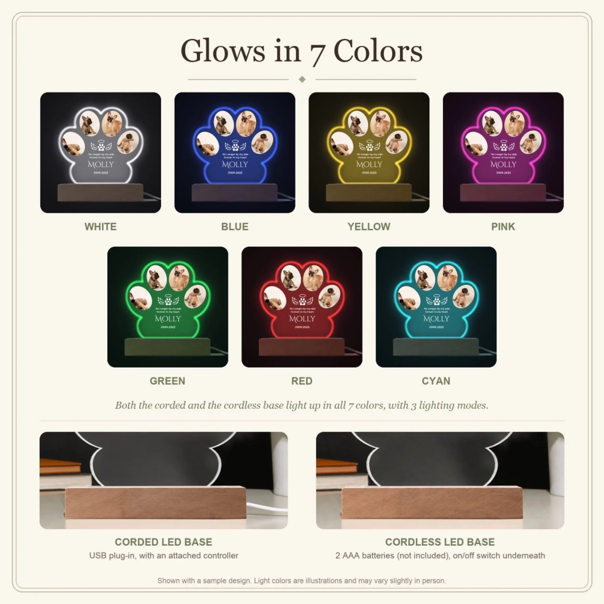 Paw memorial plaque glows in 7 LED colors