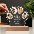 Personalized pet memorial paw plaque on cordless battery LED base