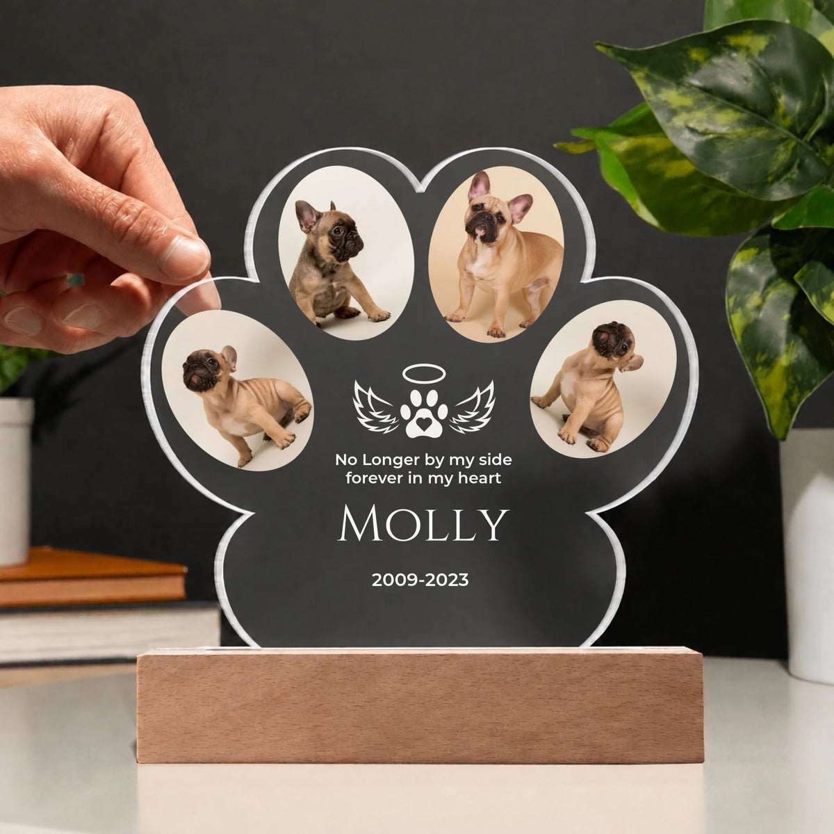 Personalized pet memorial paw plaque on cordless battery LED base