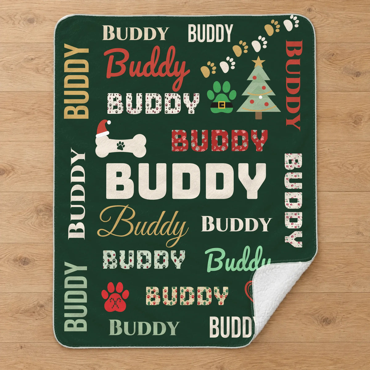Personalized dog name Christmas word cloud sherpa blanket laid flat on an oak floor