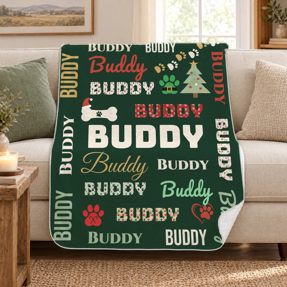 Personalized dog name Christmas sherpa blanket draped over a cream sofa