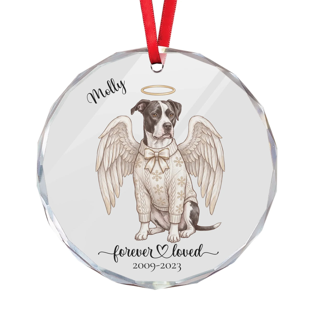 Forever Loved personalized pet angel glass ornament with name and years on a white background