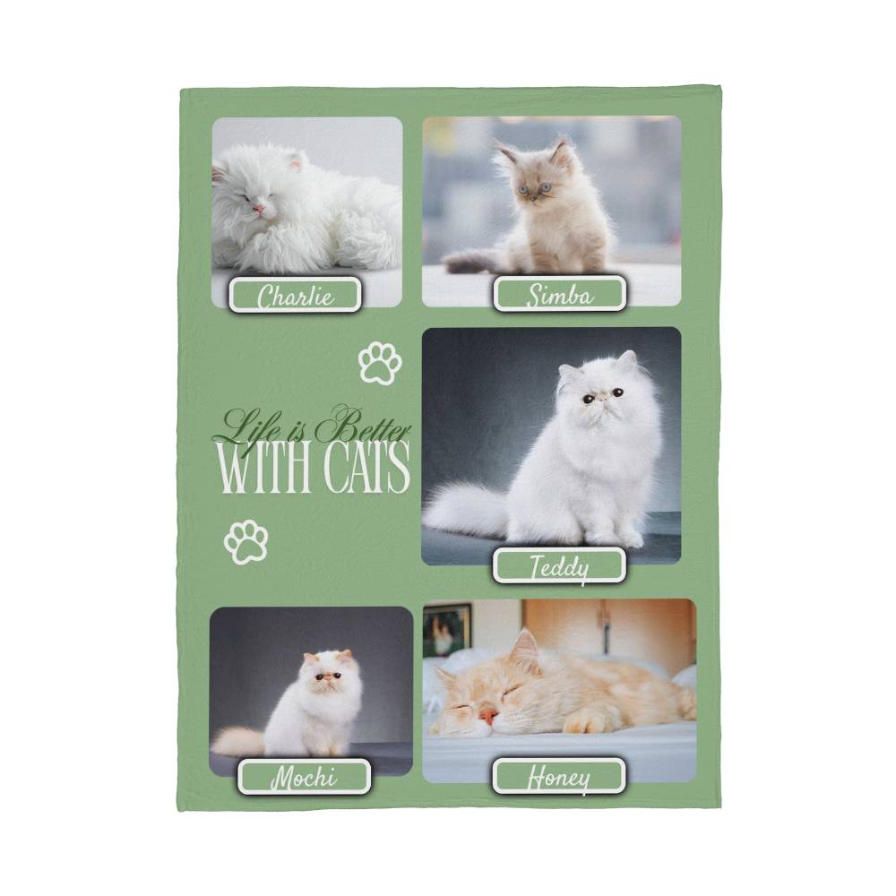 Personalized Multi-Cat Photo Blanket - Custom Cat Collage Fleece Blanket - 2-5 Cats Names & Photos