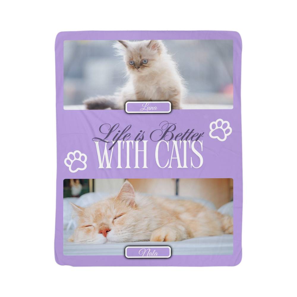 Purple blanket with cat images and 'Life is Better with Cats' text on a white background