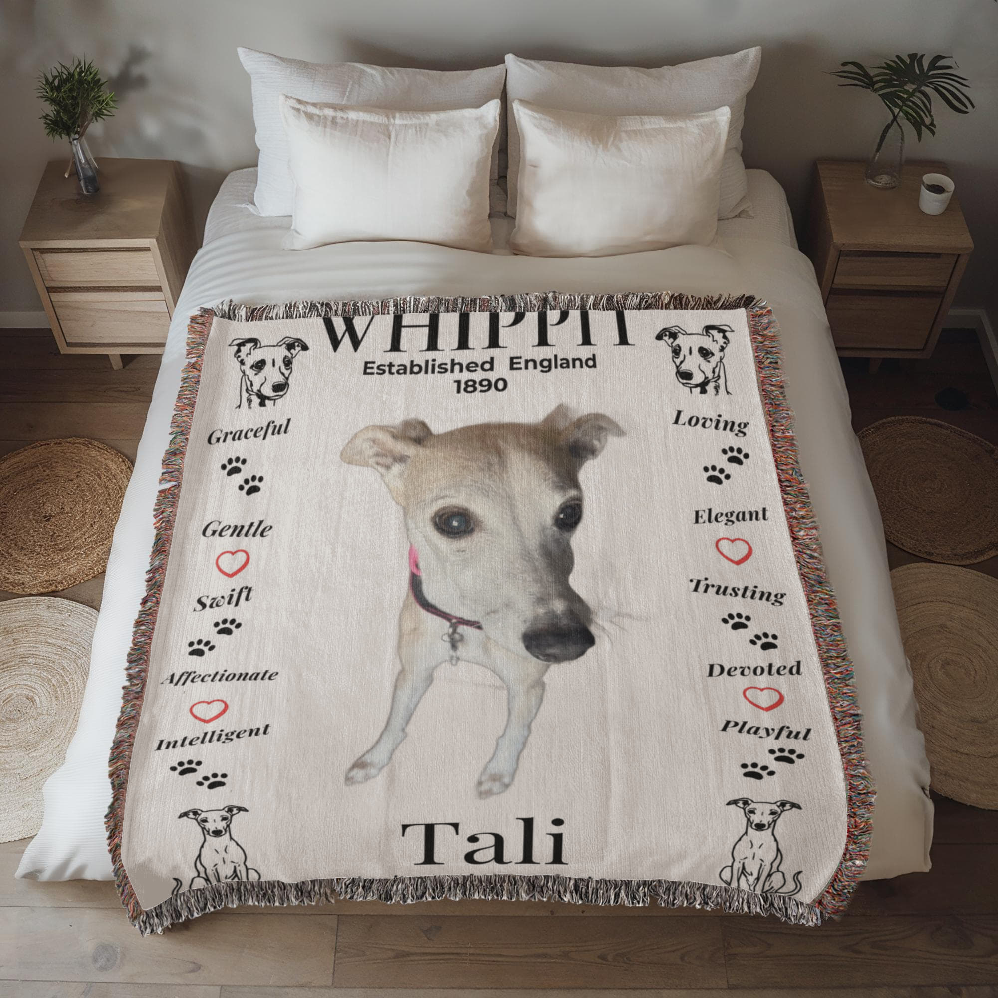Dog-themed blanket with illustrations and text on a bed in a bedroom. Personalize your woven blanket with your favorite photo of your Whippit.