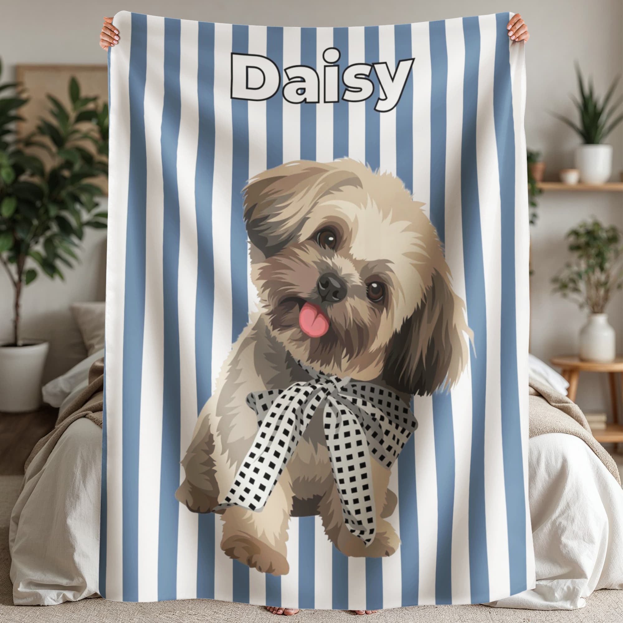 Custom AI Pet Portrait Sherpa Blanket with Striped Background - Personalized Dog Photo Blanket