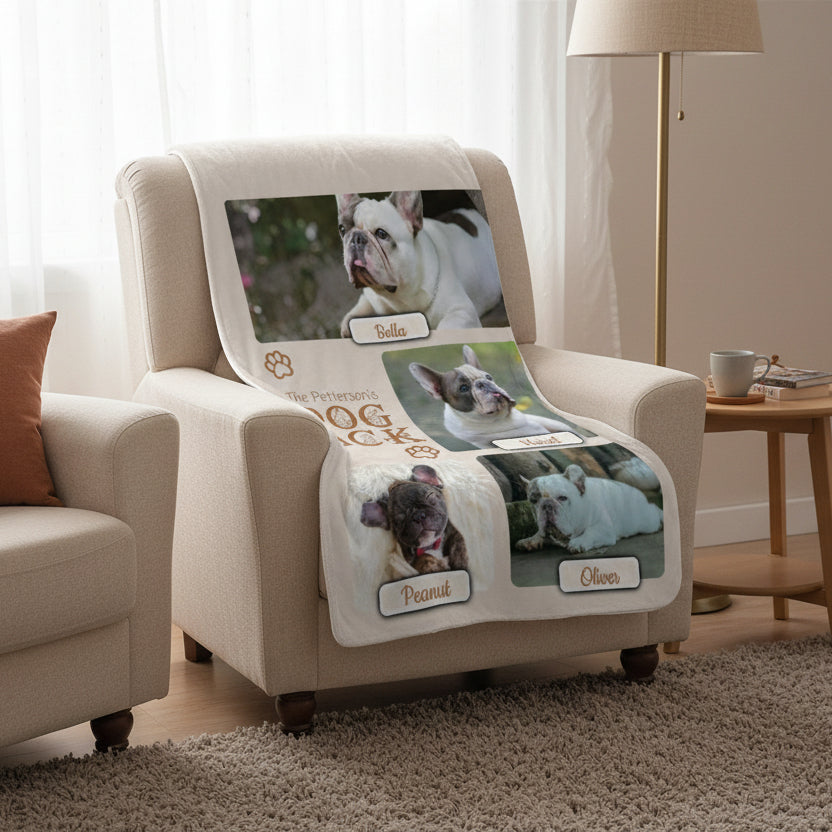 Dog-themed product packaging with images of dogs and names on a beige background