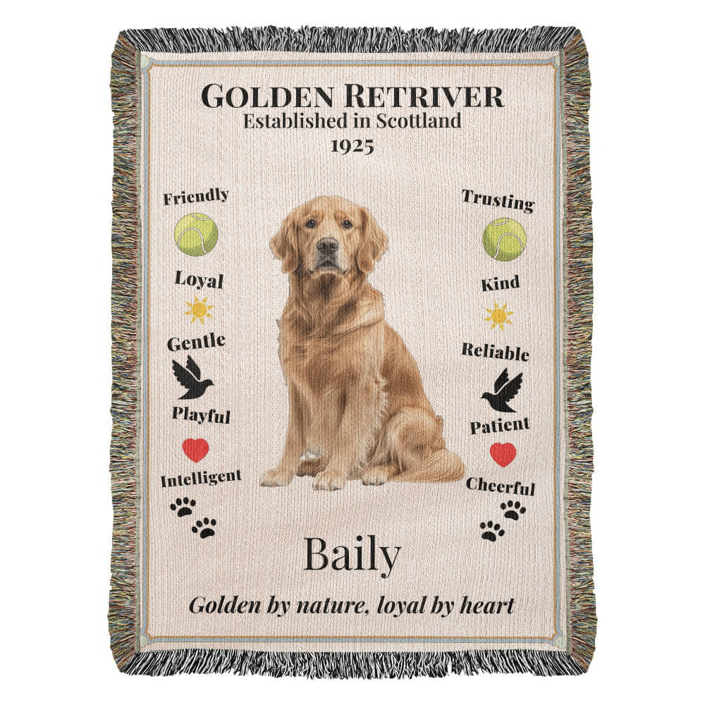 Woven blanket with a Golden Retriever illustration and text on a white background
