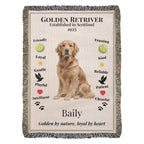 Woven blanket with a Golden Retriever illustration and text on a white background