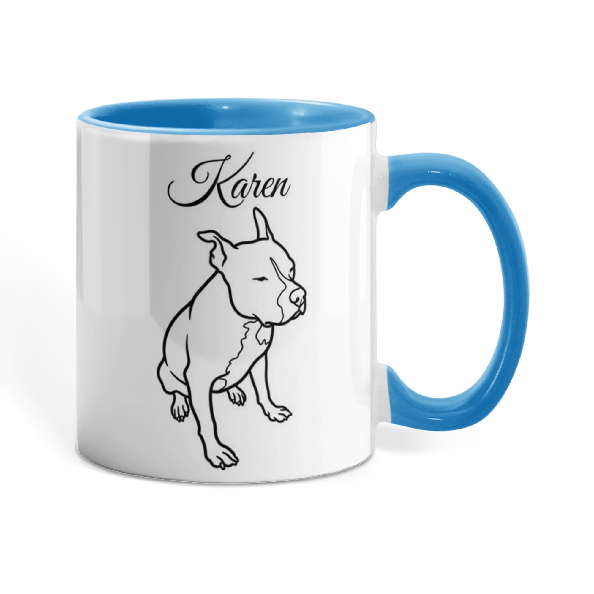 Mug with a dog illustration and 'Karen' text on a white background