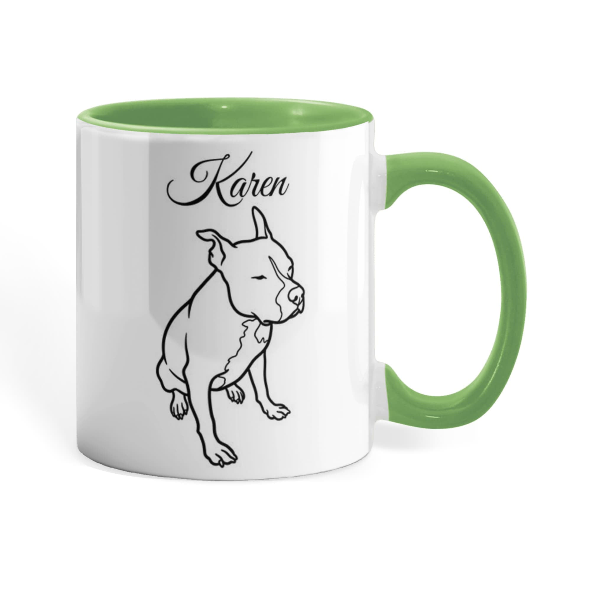 Mug with a dog illustration and 'Karen' text, green interior and handle