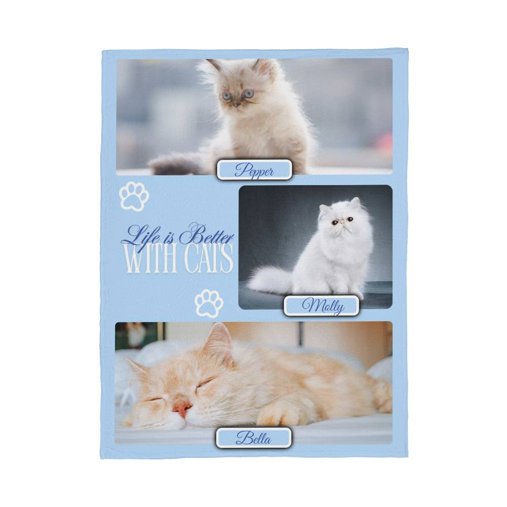 Personalized Multi-Cat Photo Blanket - Custom Cat Collage Fleece Blanket - 2-5 Cats Names & Photos