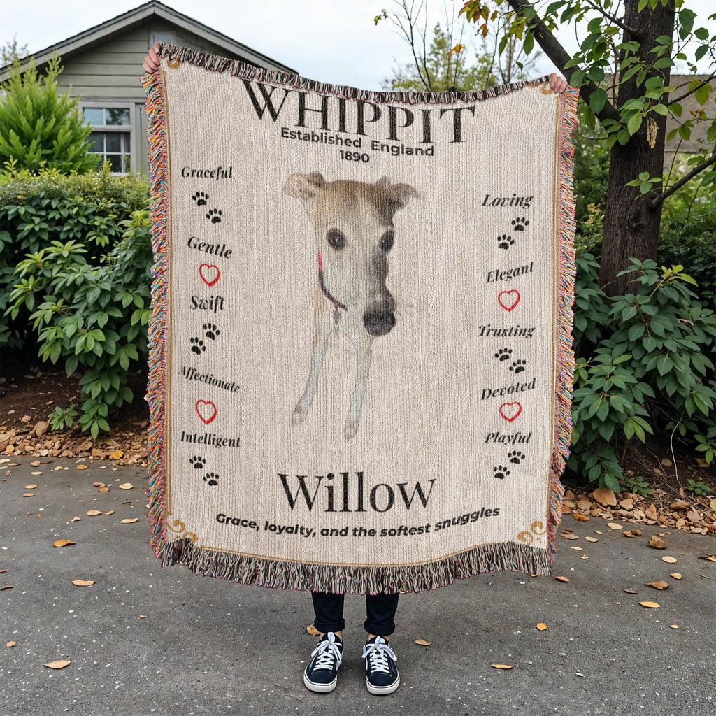 Person holding a blanket with a whippet design and text outdoors. Personalize your Whippit woven blanket with your favorite photo and your dog's name.