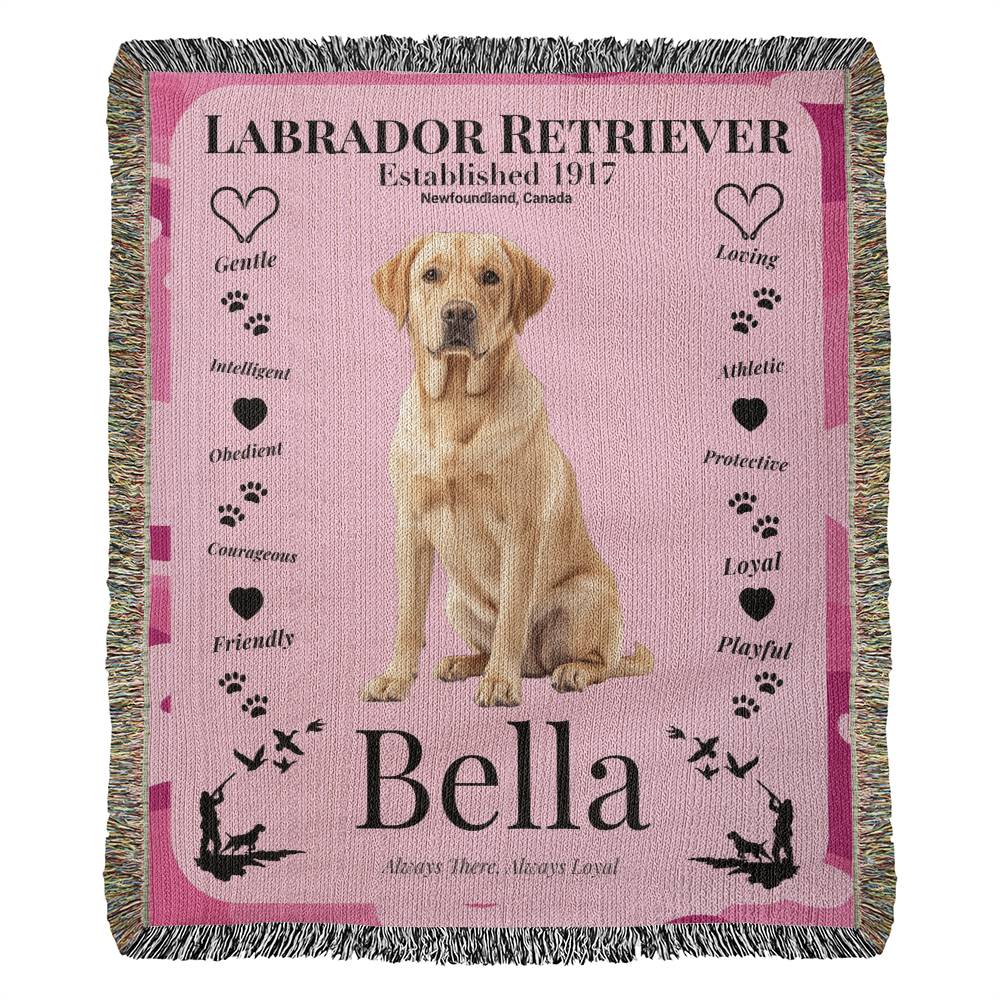 Pink blanket with a Labrador Retriever illustration and text on a white background. Personalize your woven blanket with your favorite Labrador's photo and Name.
