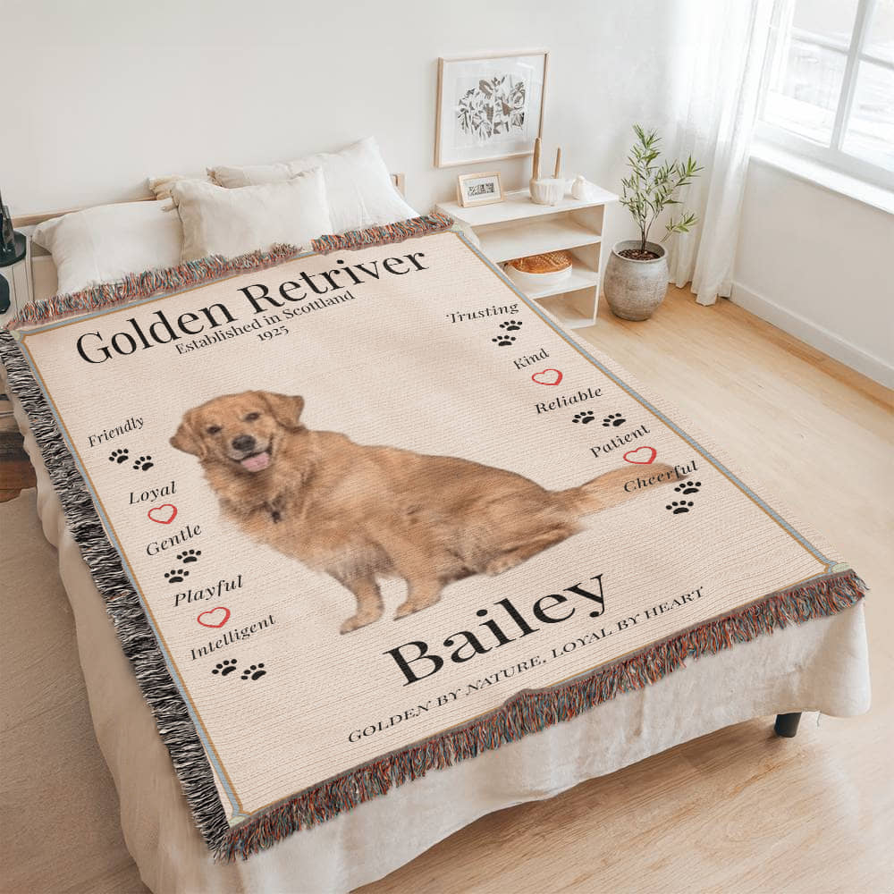 Personalized woven dog blanket with a Golden Retriever on a bed in a bedroom setting.  Personalized with the dog's name and photo.