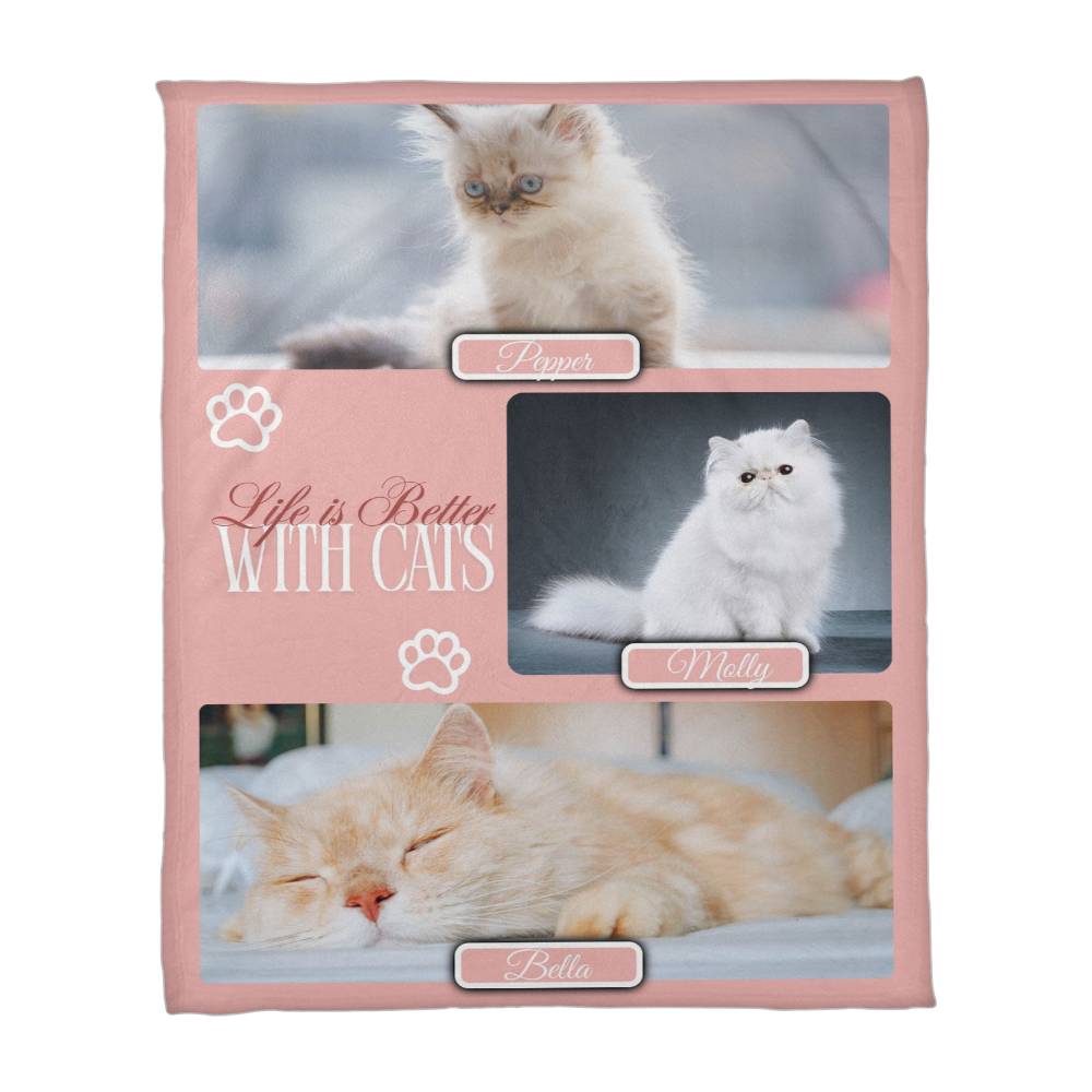 Personalized Multi-Cat Photo Blanket - Custom Cat Collage Fleece Blanket - 2-5 Cats Names & Photos