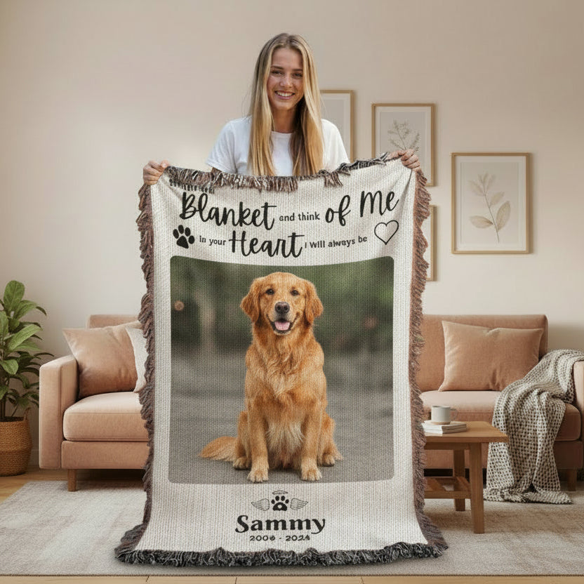 Person holding a personalized blanket with a dog's photo and text in a garden setting