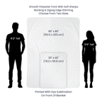 Blanket with size dimensions shown next to silhouettes of a 6'2" and 5'5" person.