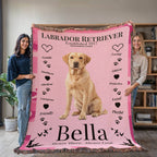 Two people holding a pink Labrador Retriever-themed blanket with the name 'Bella'.Personalize your woven blanket with your favorite Labrador's photo and Name.