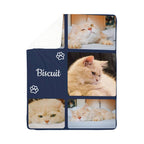 Personalized blanket with cat photos and name 'Biscuit' on a white background