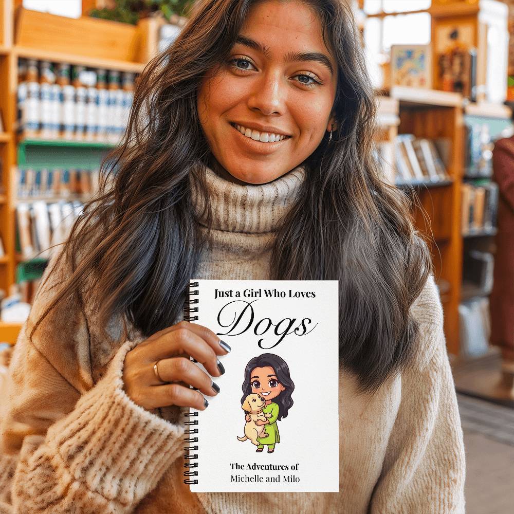 Woman holding a book titled 'Just a Girl Who Loves Dogs' in a bookstore.