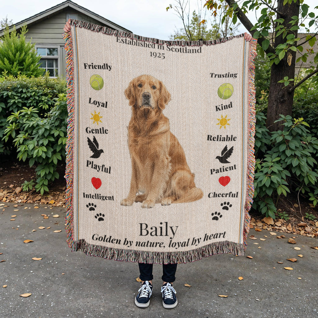 Person holding a blanket with a golden retriever and descriptive text outdoors.