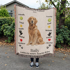 Person holding a blanket with a golden retriever and descriptive text outdoors.