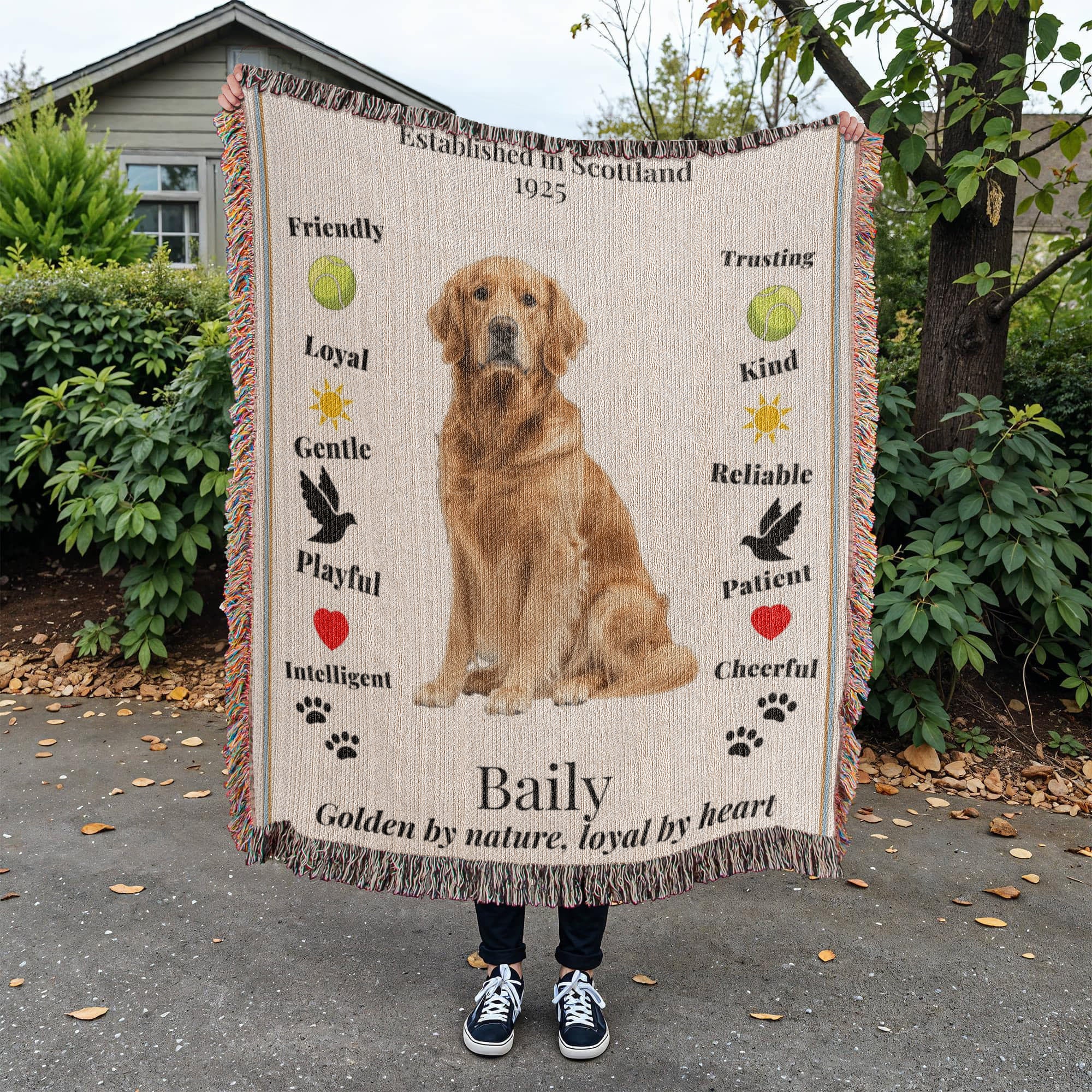 Person holding a blanket with a golden retriever and descriptive text outdoors.