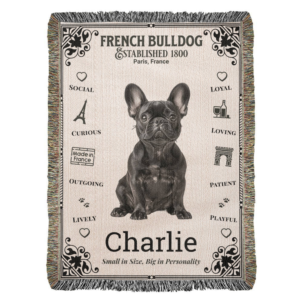 Woven blanket with a French Bulldog illustration and text on a white background.Personalized with the name and photo of your Frenchie.