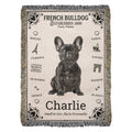 Woven blanket with a French Bulldog illustration and text on a white background.Personalized with the name and photo of your Frenchie.
