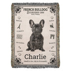 Woven blanket with a French Bulldog illustration and text on a white background.Personalized with the name and photo of your Frenchie.