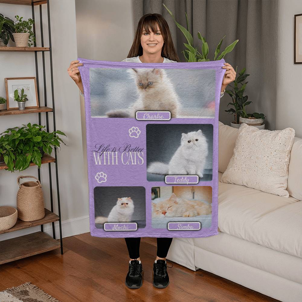 Personalized Multi-Cat Photo Blanket - Custom Cat Collage Fleece Blanket - 2-5 Cats Names & Photos