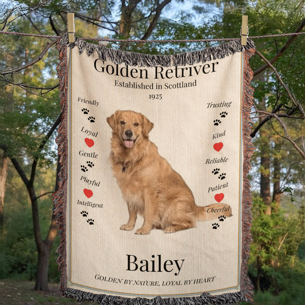 🐾 My Little Buddie Heirloom Woven Blanket – Golden Retriever Edition - Red hearts