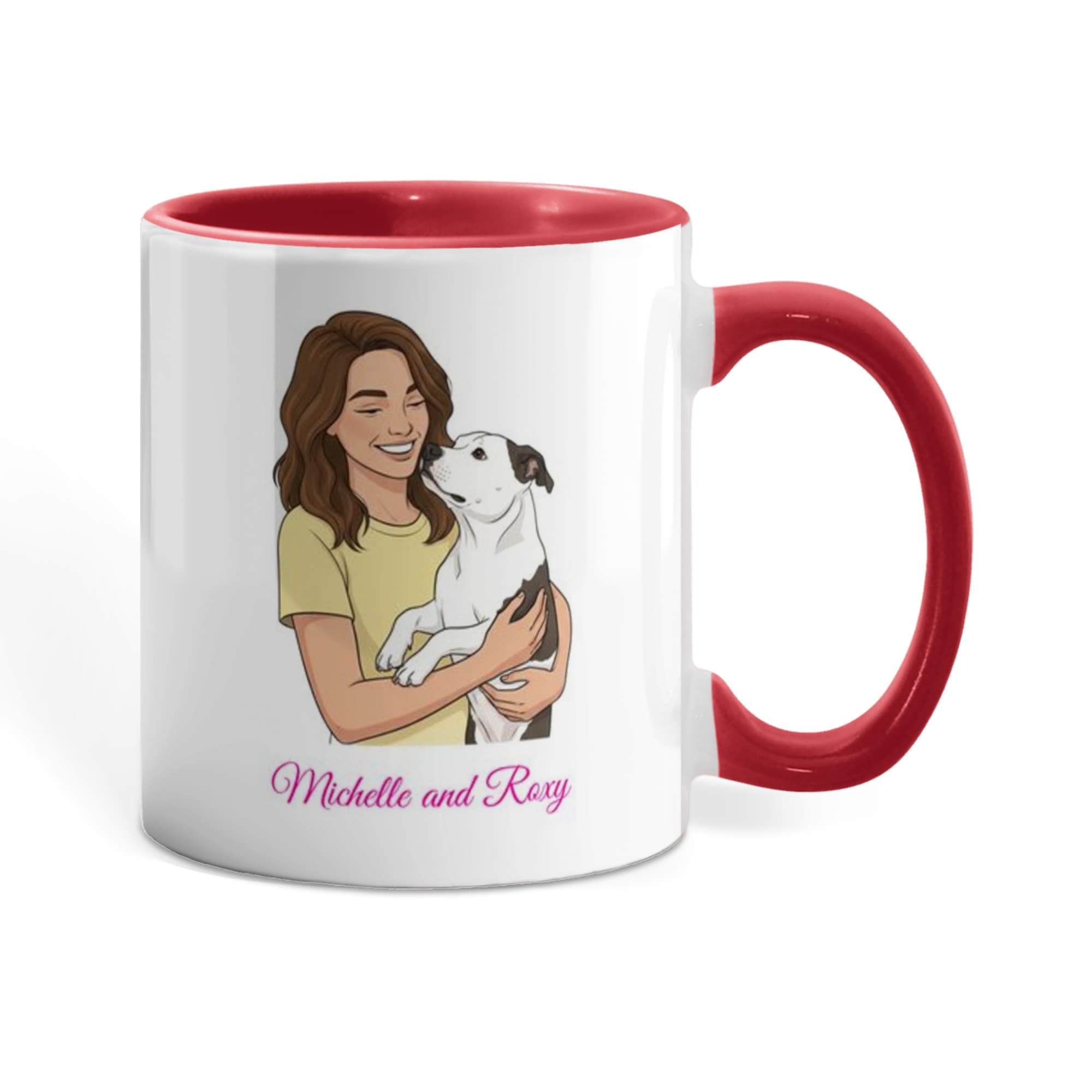 Mug with a design of a woman holding a dog and the text 'Michelle and Roxie' on a white background.