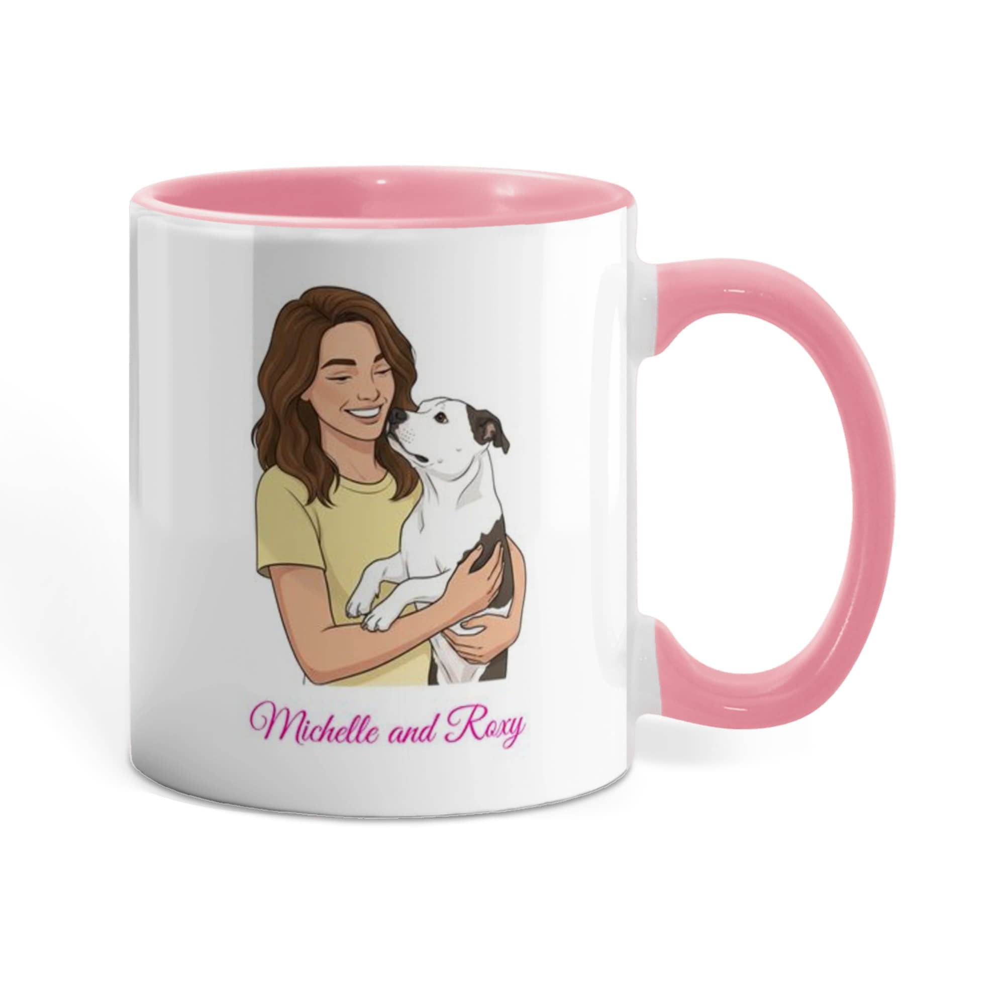 Mug with a design of a woman holding a dog and the text 'Michelle and Roxie' on a white background.