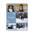 Collage of a dog named Waffles in various poses on a blanket with a blue border.