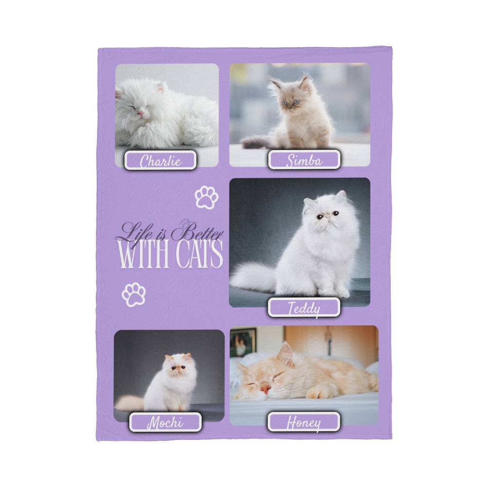 Personalized Multi-Cat Photo Blanket - Custom Cat Collage Fleece Blanket - 2-5 Cats Names & Photos